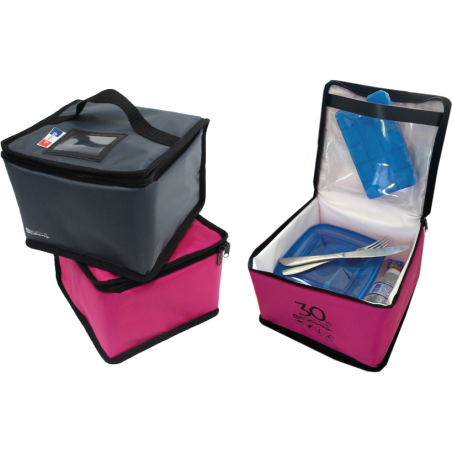 Sacoche isotherme | Lunch box - Gris chiné et Personnalisée (Fuschia & Marquage)